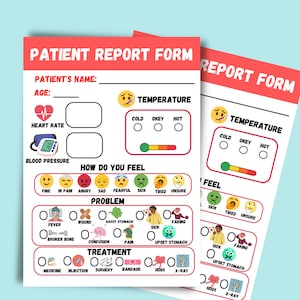 Doctors and Nurses Pretend Play, Printable for Kids, Doctor Forms, Kids Pretend Play Doctor, Dramatic Play nurse, patient report form