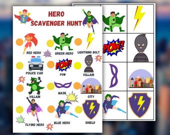 Hero Treasure Hunt, Kids Birthday Party Games, Scavenger Hunt, hero Party, Super powers,  birthday party Game for Kids, Printable for Kids