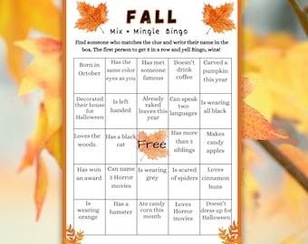 Fall Mix and Mingle Bingo Game, Thanksgiving Party (Printable Activities)
