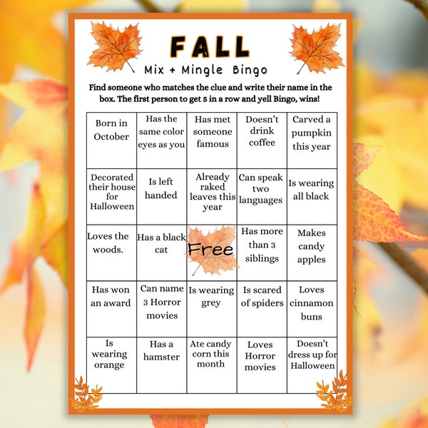 Fall Mix & Mingle Bingo Game, Fall Find the Guest Bingo Game, Cute Fall Party Ideas, Fall Work Party, Find the Guest Bingo