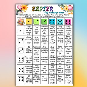 May include: A printable Easter egg exchange game board with instructions and a grid of 12 squares. Each square has a different action to perform, such as swapping with the person wearing a hat or keeping your current egg. The game is played by rolling a die and following the instructions on the corresponding square.