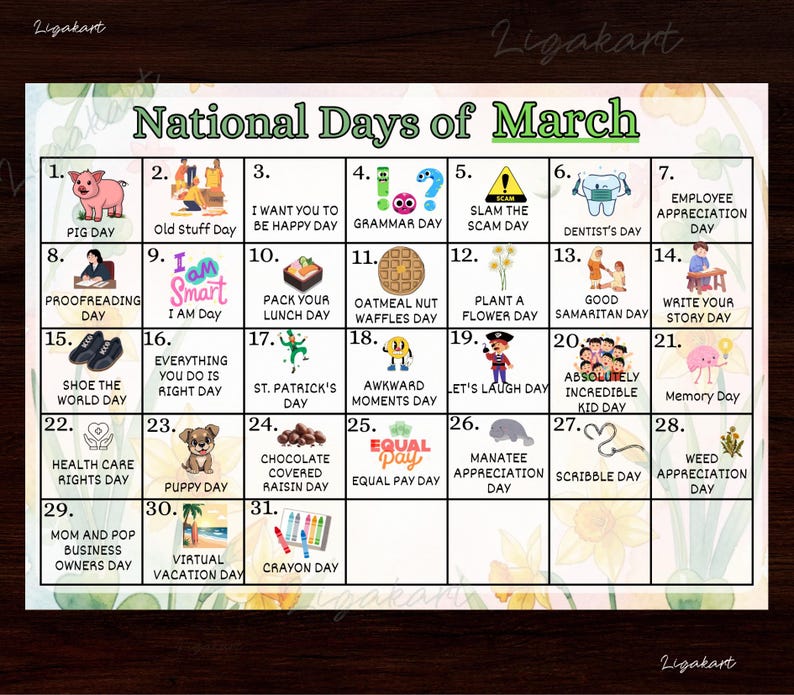 Printable March National Days Calendar, Family Classroom Fun (digital ...