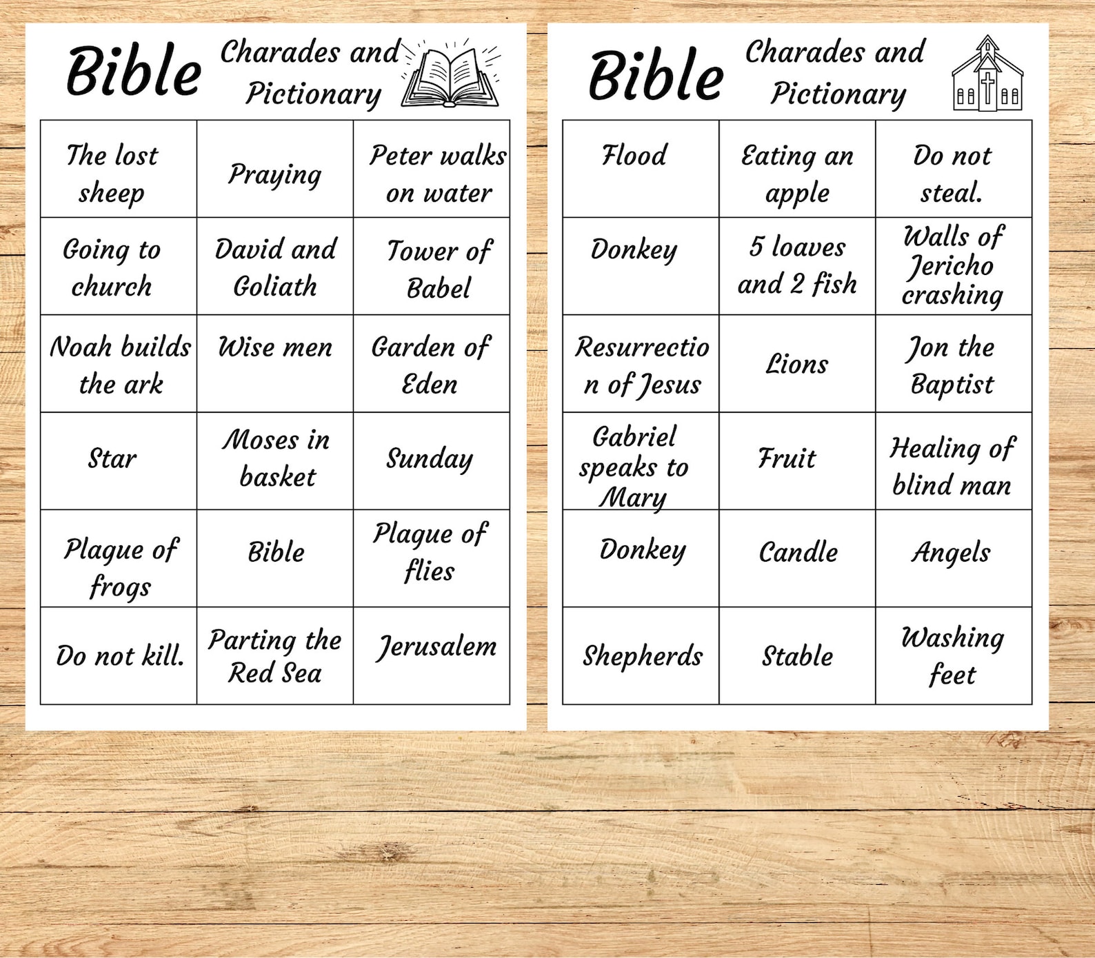 Bible Charades, Printable Bible Pictionary Cards, Printable Bible Games ...