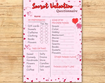 Secret Valentine Survey Questionnaire, Valentine's Day Gift Exchange, Valentine Activity,  Classroom valentine, adult candy activity