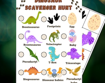 May include: A printable dinosaur scavenger hunt game with a checklist of dinosaurs, footprints, eggs, and baby dinosaurs. The checklist includes Brontosaurus, Velociraptor, Pterodactyl, T-Rex, Triceratops, and Stegosaurus.