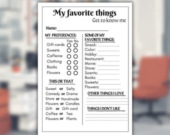 Pode incluir: Uma folha de trabalho imprimível com o título "Minhas coisas favoritas" e o subtítulo "Conheça-me". A folha de trabalho tem seções para "Minhas preferências", "Algumas das minhas coisas favoritas", "Isto ou aquilo", "Outras coisas que eu amo" e "Coisas que eu não gosto".