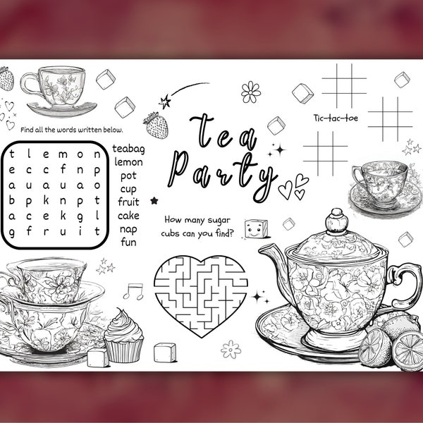 Kids Tea Party Activity mat, Party Coloring Sheet, Tea Party Games, Princess party, Tea Party coloring, Tea activity mat, Tea Party Birthday