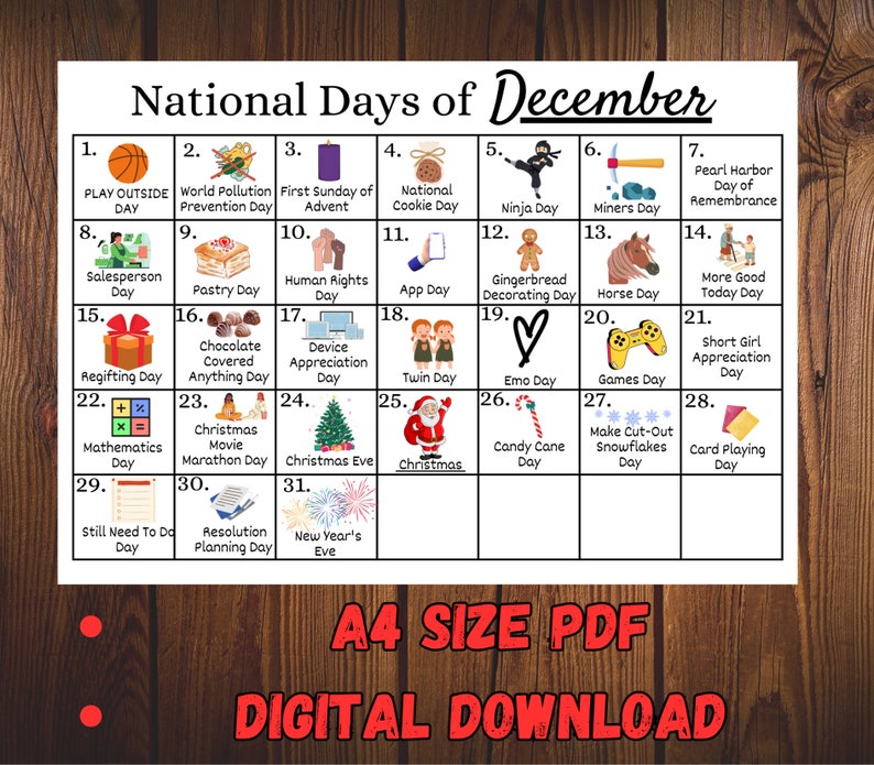 Printable December National Days Calendar, Fun Family Calendar