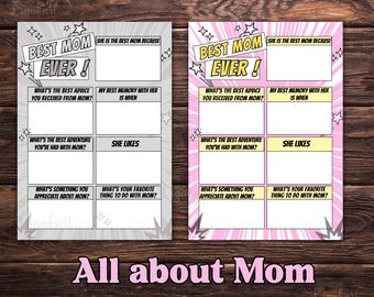 Mother's Day questionnaire, All About My Mom, Card for Mom, Activity Page, Mother's Day Kids Interview Gift, Keepsake, Fill in Blanks Sheet