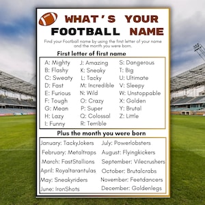 What&#39;s Your Football Nickname? What&#39;s Your Name Game, Football Name Game,  Football Party Game, Big Game, Game Day, centerpiece
