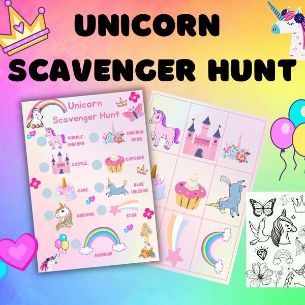 Unicorn Themed Scavenger Hunt , Child Birthday Party Games, Unicorn Scavenger Hunt, slumber party game, preschool game, printable activity