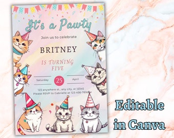 Cat Birthday Invitation, Printable Kitten Invite, Digital Invitation ...