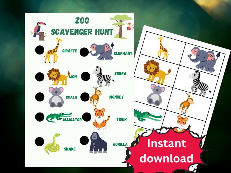 May include: A printable zoo scavenger hunt game with a list of animals including a giraffe, elephant, zebra, lion, koala, monkey, alligator, tiger, gorilla, and snake. The game includes a checklist for the animals and a separate sheet with images of the animals.