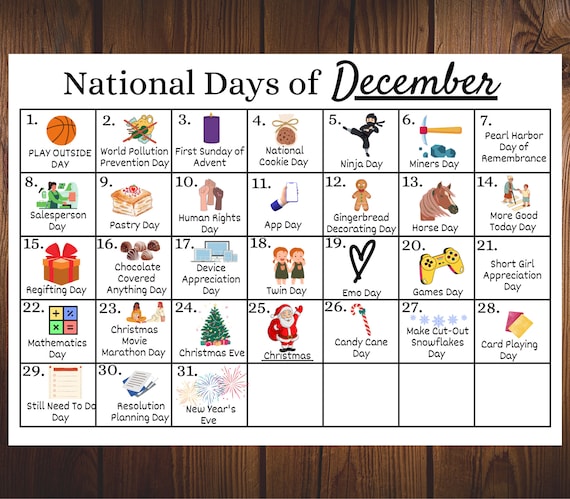 Printable december national days calendar, fun family calendar, december  holiday calendar, classroom calendar, holiday season - etsy