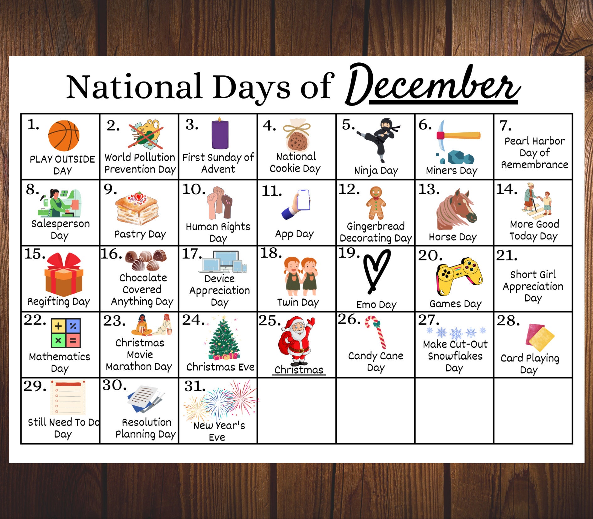 Printable December National Days Calendar, Fun Family Calendar
