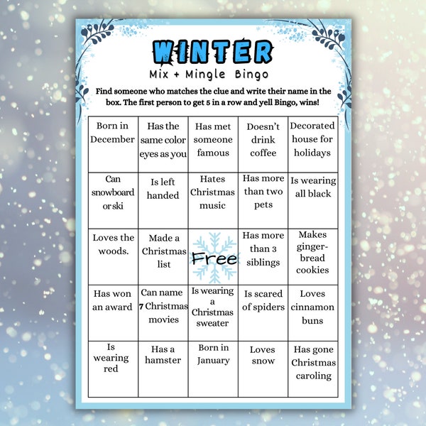 Winter Mix & Mingle Bingo Game, Christmas Find the Guest Bingo Game, Cute winter Party Ideas, Winter Work Party, Find the Guest Bingo