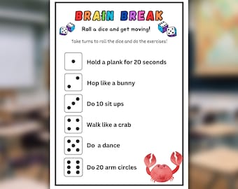Fitness and Exercise Activity for Kids, Brain break, Dice Game Movement Activity, Roll and Exercise Fun Printable, Children Exercise game