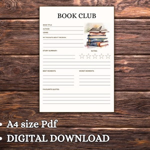 Pu&ograve; includere: Diario di club del libro stampabile con un'illustrazione ad acquerello di una pila di libri. Il diario include sezioni per il titolo del libro, l'autore, il genere, i pensieri sul libro, il riassunto della storia, i momenti migliori, i momenti peggiori, le citazioni preferite e un sistema di valutazione.