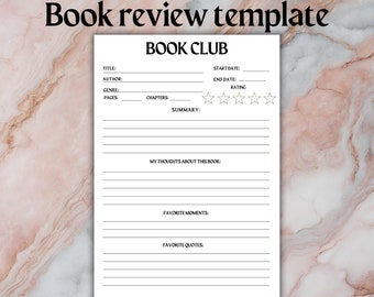 Reseña de libro simple imprimible, diario de libros, seguimiento de lectura, preguntas de discusión, preguntas de reunión del club de lectura, actividad de discusión de libros