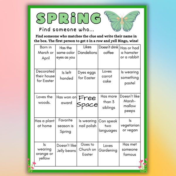 Jeu de bingo Spring Mix & Mingle, Jeu de bingo à la recherche d'un invité, Idées mignonnes de fête de printemps, Activités de Pâques pour adultes, Bingo à la recherche d'un invité