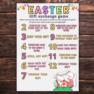 May include: A printable Easter gift exchange game with instructions for 12 rounds. The game features a bunny rabbit sleeping on an Easter egg. The numbers 2 through 12 are in pink and yellow circles.