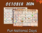 Fun October Holiday Calendar, Printable OCTOBER National Days Calendar, Fun calendar, teacher resource, Classroom decor, homeschool decor