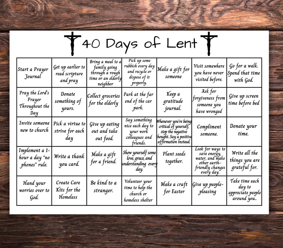 Lent Activity Calendar for Adults, 40 Days Lenten Calendar, Ash