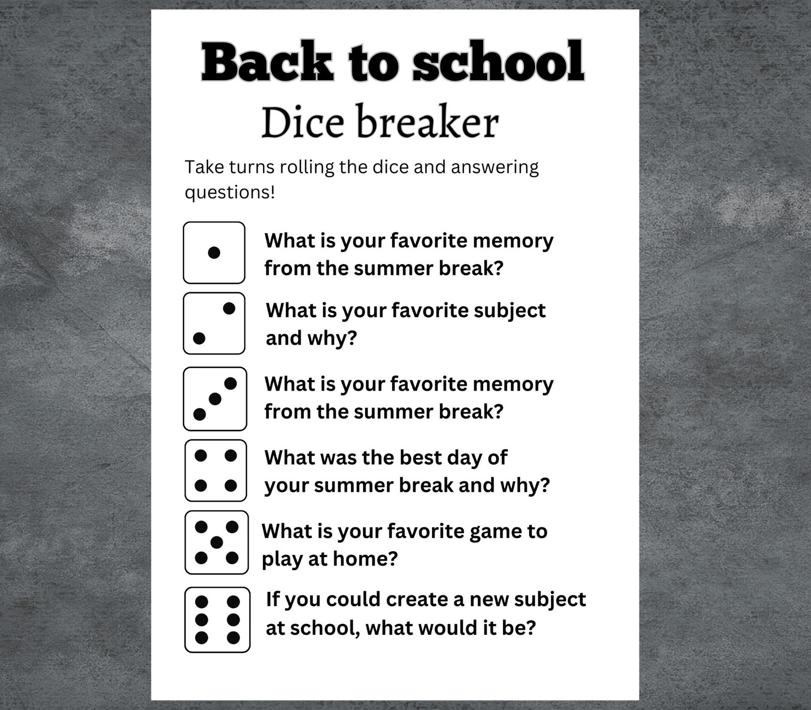 Dicebreaker Roll and Tell Game, Back to School, First Day of School