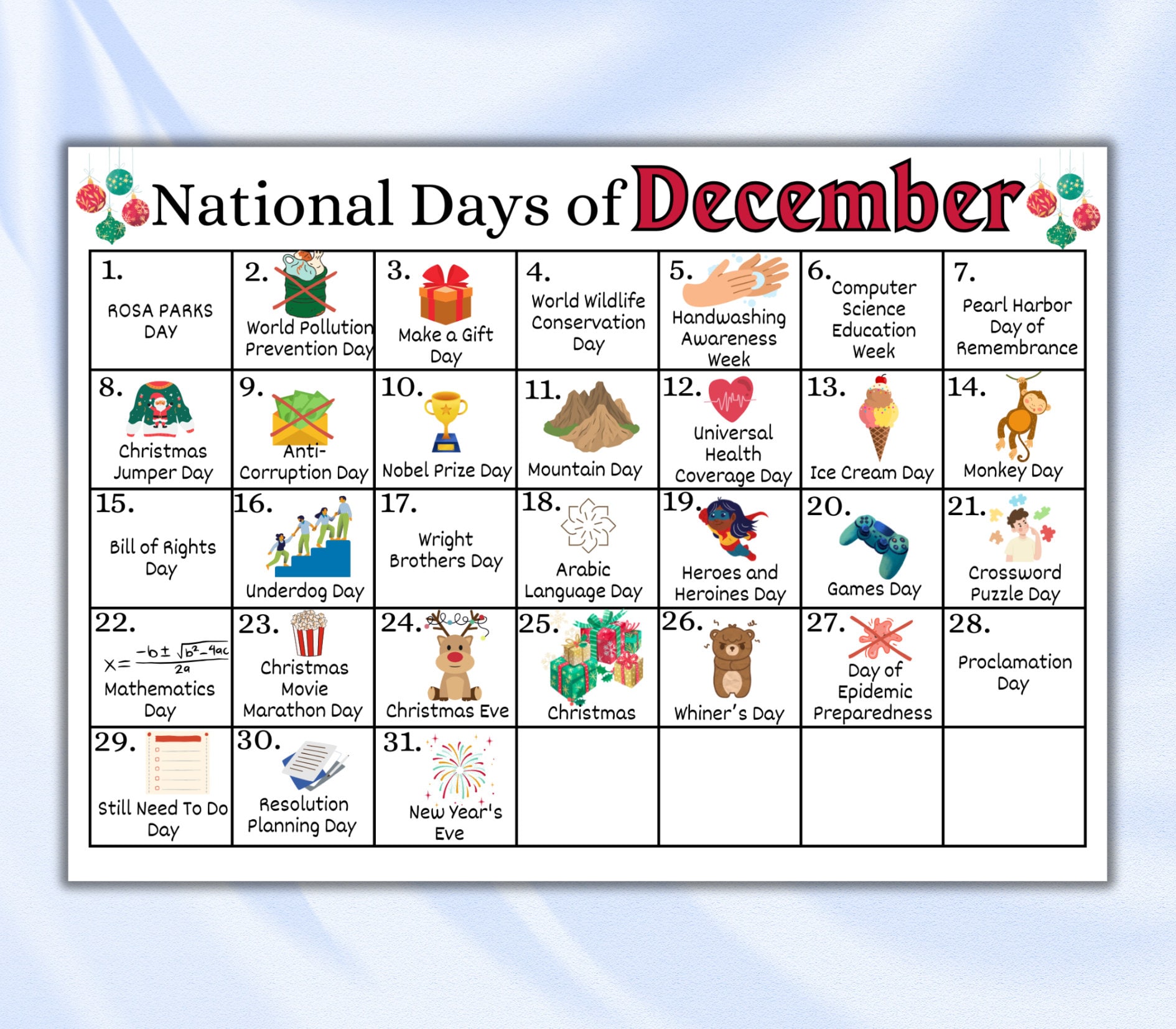 Printable December National Days Calendar, Fun Family Calendar