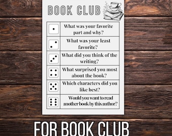 Book club discussion questions printable, Bookclub cards, discussion prompts, book club gift, book review  Dice Game, Get To Know You