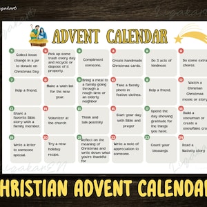 Puede incluir: Un calendario de Adviento cristiano con un diseño dorado y blanco. El calendario presenta 24 casillas numeradas con actividades diarias, como ayudar a un amigo, escribir una carta y crear tarjetas navideñas. Se muestran las palabras "CALENDARIO DE ADVIENTO" y "CALENDARIO DE ADVIENTO CRISTIANO".