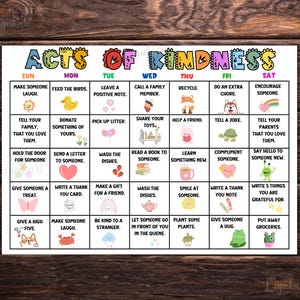 Calendario de actos de bondad, actividades de bondad para niños, ideas de actos de bondad al azar, actividades familiares, la bondad importa, bingo de bondad