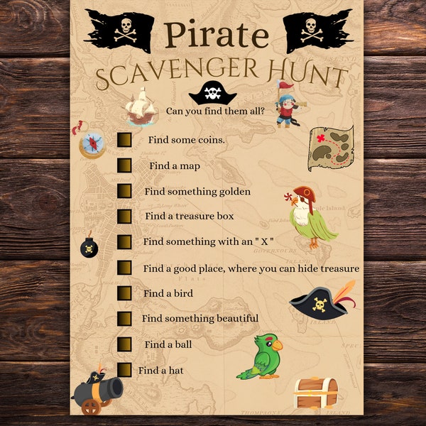 Pirate Themed Scavenger Hunt, Child / Kids Birthday Party Games, pirate Scavenger Hunt, pirate Game, pirate treasure hunt, printable game