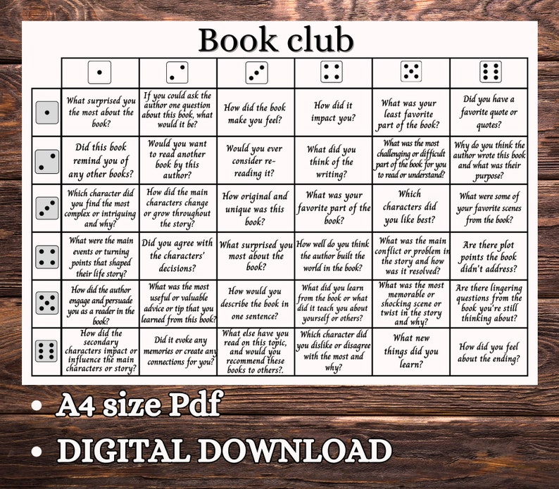 May include: A printable book club discussion guide with a dice roll activity. The guide features questions to spark conversation about the book, characters, plot, and writing style.