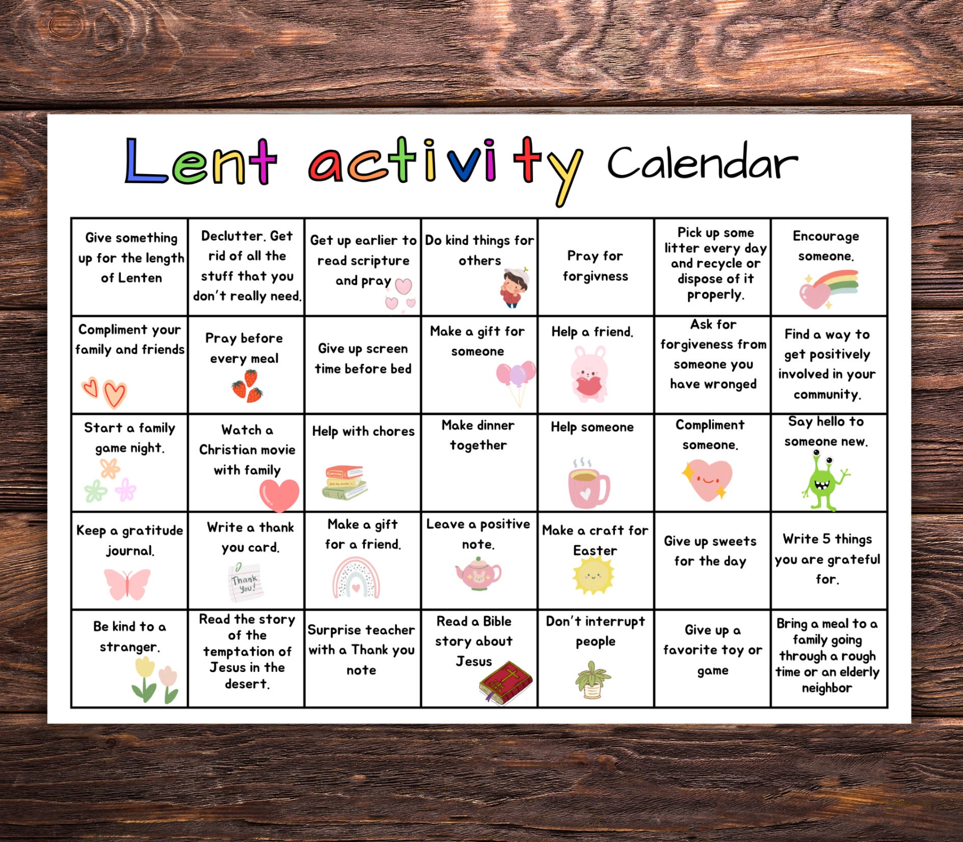 Lent Activity Calendar for Kids, 40 Days Lenten Calendar, Ash Wednesday