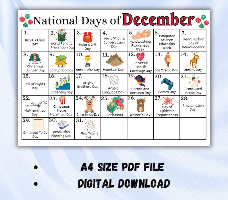 Printable December National Days Calendar, Fun Family Calendar