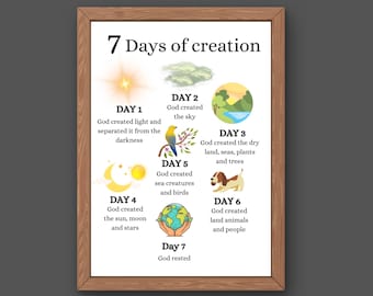 7 Days of Creation Genesis, Christian Scripture Poster, Kids Room Decor, Nursery Wall Art, Sunday School Decor, Bible Printable Posters