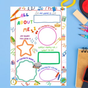 May include: A printable worksheet with colorful illustrations and text prompts for kids to fill in about themselves. The prompts include "My name is", "My favorite food is", "My grade this year is", "My favorite book is", "When I grow up, I want to be", and "My favorite color is".