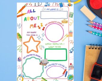 May include: A printable worksheet with colorful illustrations and text prompts for kids to fill in about themselves. The prompts include "My name is", "My favorite food is", "My grade this year is", "My favorite book is", "When I grow up, I want to be", and "My favorite color is".