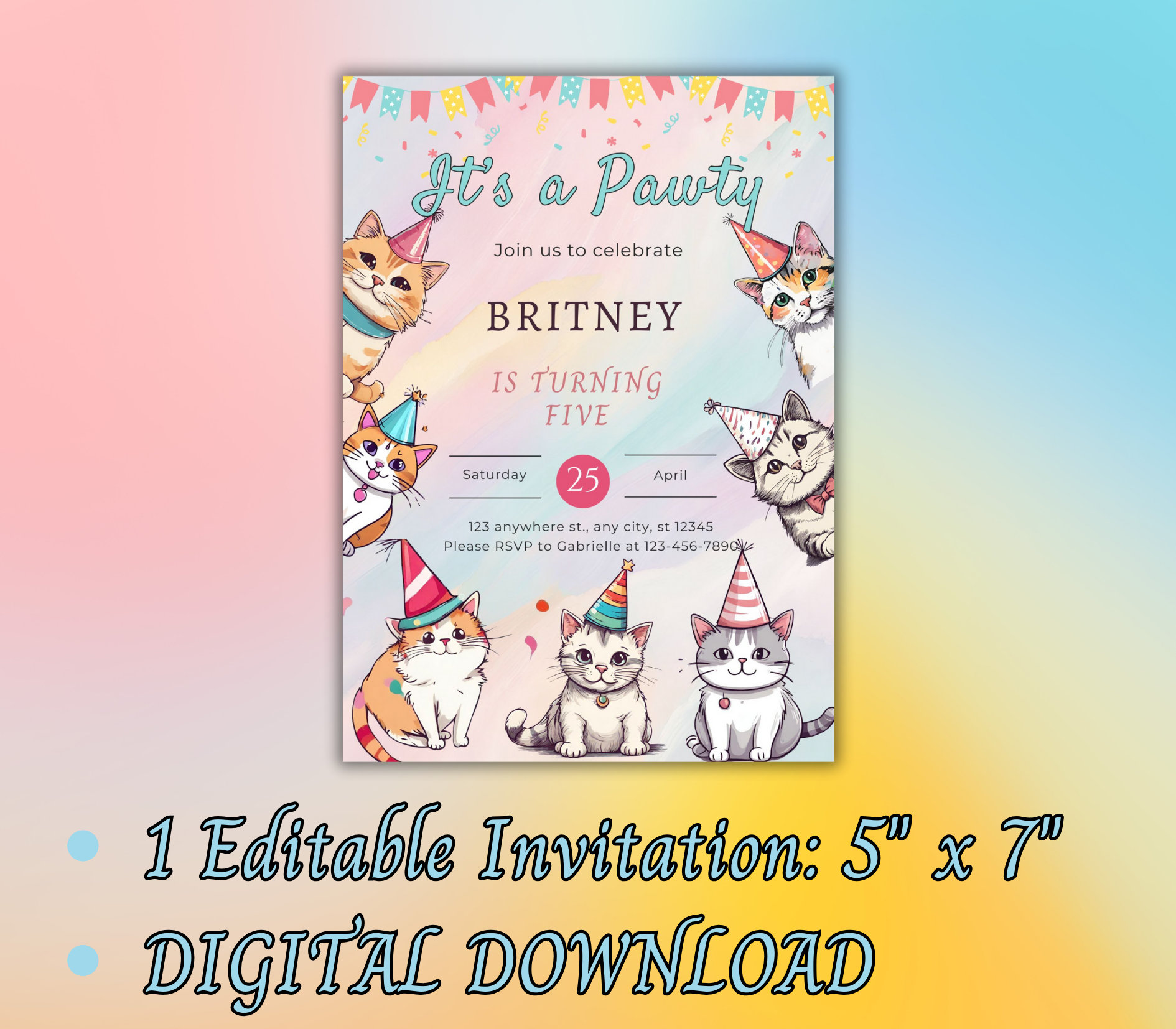 Cat Birthday Invitation, Printable Kitten Invite, Digital Invitation ...