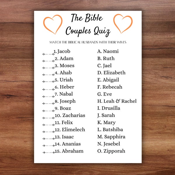 The Bible Couples Quiz, Bible Couples Game, Thanksgiving game,Church Bridal Shower Games, Religious Bridal Shower Games, Bible Trivia game