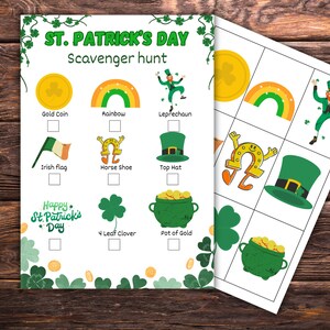Búsqueda del tesoro del día de San Patricio con tarjetas con imágenes para esconder, búsqueda del tesoro de San Patricio, imprimible para niños, juego de San Patricio para niños