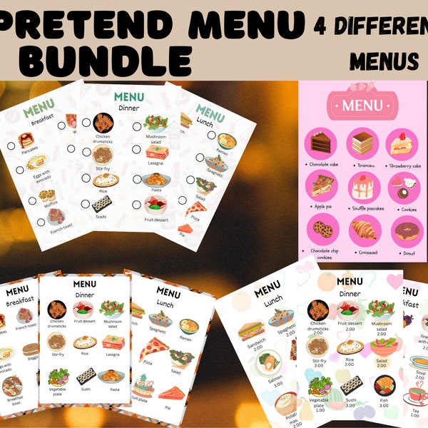 Pretend Play Restaurant Menu bundle, Kids Kitchen Play Menus, Preschool Kids Activities, Homeschool Activity, Dramatic Play, DigitalDownload