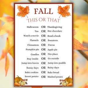 Fall This or That Game, Printable Autumn Party Game, Fall Time Activities for Adults & Kids, Fun Harvest Games, Halloween, Thanksgiving game