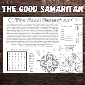 The Good Samaritan Activity Placemat, Jesus&#39; Parable, Bible Story Coloring Placemat, Sunday School activity, Christian activity mat.