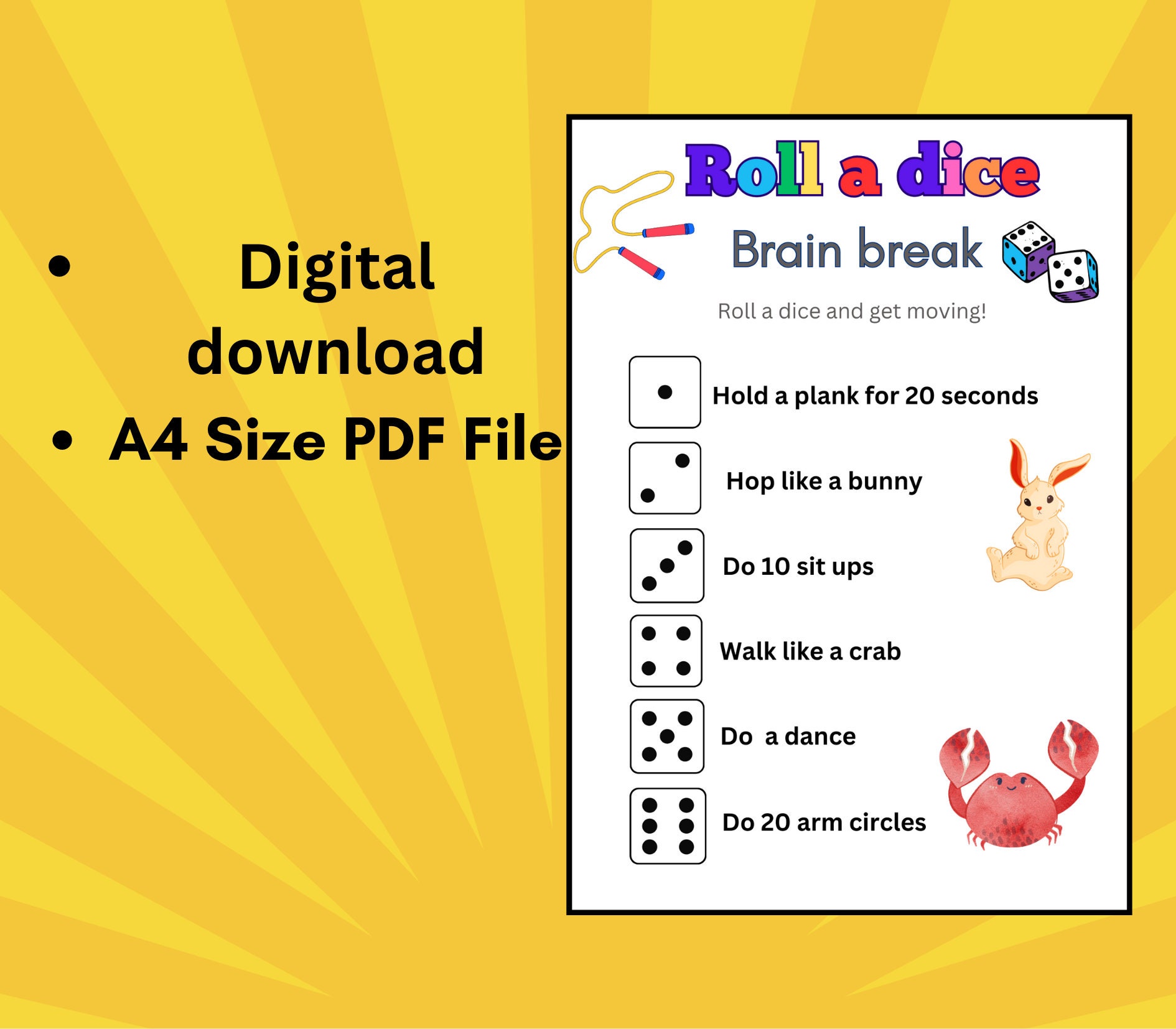 Fitness and Exercise Activity for Kids, Brain Break, Dice Game Movement ...