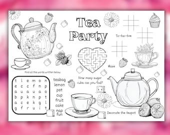 Kids Tea Party Activity & Coloring Sheet, Tea Party Games, Princess party, Tea Party coloring,  Tea activity mat, Tea Party Birthday