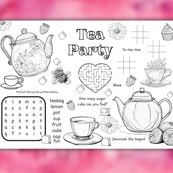 Kids Tea Party Activity & Coloring Sheet, Tea Party Games, Princess party, Tea Party coloring,  Tea activity mat, Tea Party Birthday