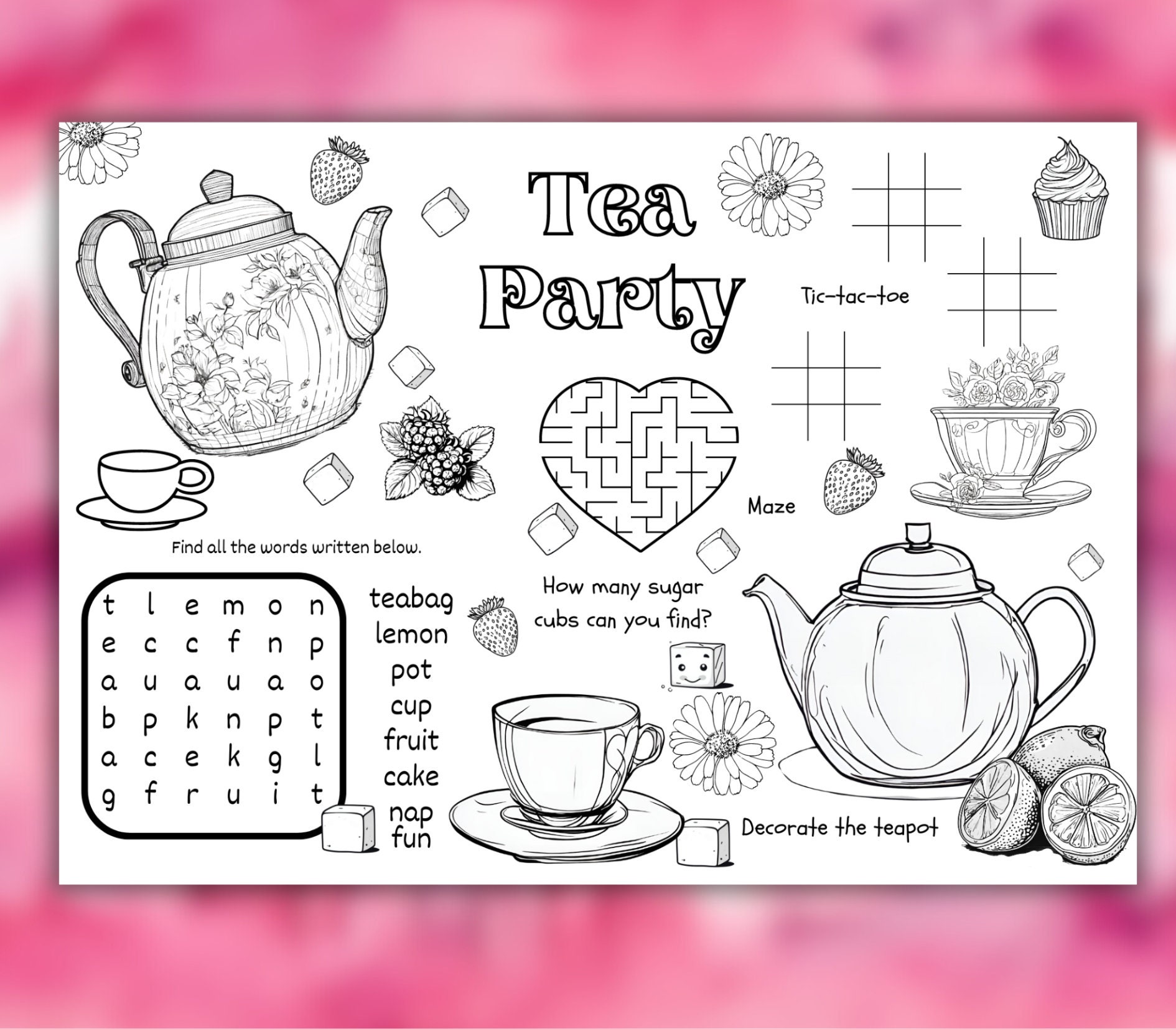 Kids Tea Party Activity & Coloring Sheet, Tea Party Games, Princess ...