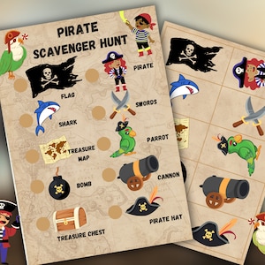 May include: A printable pirate-themed scavenger hunt game with a list of items to find, including a pirate flag, a shark, a treasure map, a parrot, a cannon, a bomb, a treasure chest, and a pirate hat.